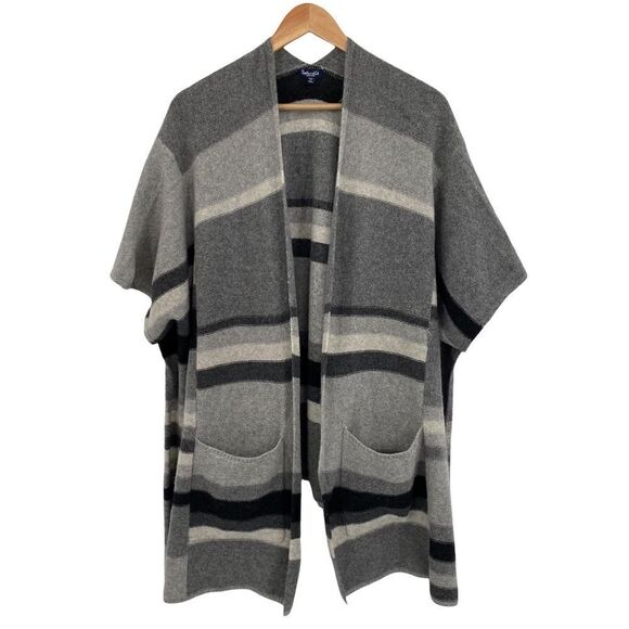 Splendid striped wool cashmere open boho cape pinch cardigan sweater gray black - Picture 2 of 9